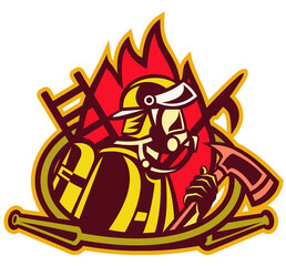 Imagery shows an icon of fireman with an axe and a fire ball, ladder and spear hook in the back ringed by a fire hose.