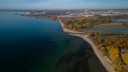 Fototapeta na wymiar Aerial high angle view of the waterfront near Rotary Park in Ajax Ontario