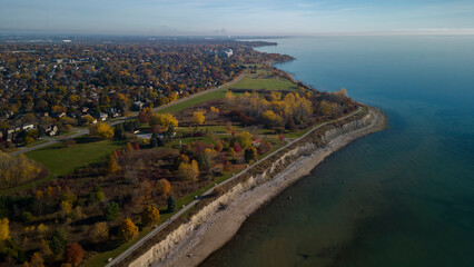 Aerial high angle view of the waterfront trail near Rotary Park in Ajax Ontario - obrazy, fototapety, plakaty