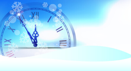 Clock showing five minutes to twelve. Snowdrifts. Merry Christmas and happy New Year 2023 background. Christmas greeting card template. 3D vector illustration.