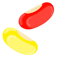 Illustration of jelly bean candy in two colors red and yellow. Sweet food on a white background. Great for logo packaging