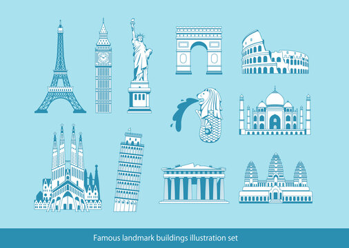 World famous buildings vector illustration set ( world heritage ) | Statue of liberty, Eiffel tower, Sagrada Familia etc