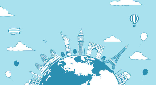 Travel, vacation, sightseeing banner vector illustration  ( world famous buildings / world heritage )