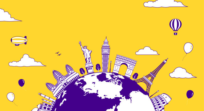 Travel, vacation, sightseeing banner vector illustration  ( world famous buildings / world heritage )