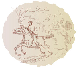 Fototapeta na wymiar illustration featuring American revolution Paul Revere soldier or general riding horse