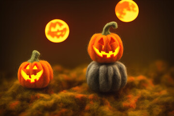 Spooky Halloween pumpkins, in a full moon night at the forest.
Cute and creepy Illustration. 
Intervened AI self generated art.
