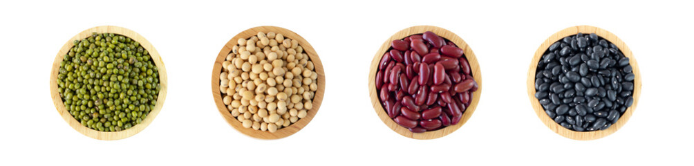 Collection of mix beans (mung, Soy, Red kidney and black beans) in wooden bowl isolated on white...