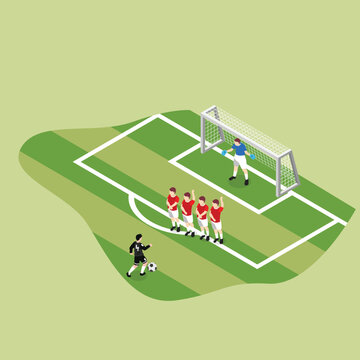 Soccer game - football player free kick isometric 3d vector illustration concept for banner, website, illustration, landing page, flyer, etc.