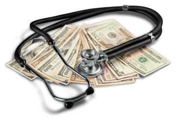 Stethoscope and dollars money for financial examination healthy concept