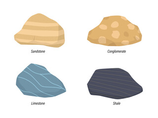 Illustration of sedimentary rock Sandstone, Conglomerate, Limestone and shale