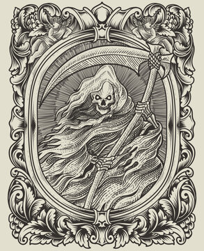 Illustration scary grim reaper with vintage engraving style © Bayu