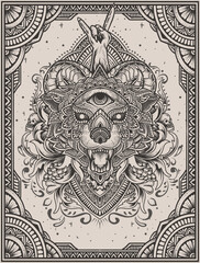 illustration wolf head mandala style with engraving ornament
