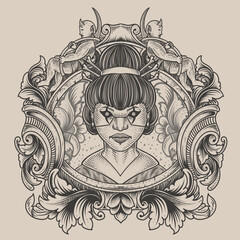 illustration geisha lady with engraving ornament frame