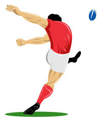 illustration of a rugby player kicking the ball on isolated background done in retro woodcut style