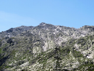 Rocky mountain peaks Poncione di Fieud (2696 m) and Fibbia (2738 m) in the massif of the Swiss Alps above the St. Gotthard Pass (Gotthardpass), Airolo - Canton of Ticino (Tessin), Switzerland (Schweiz