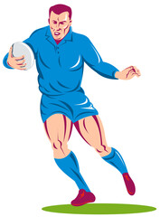 illustration of a rugby player running passing the ball on isolated background done in retro woodcut style