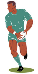 illustration of a rugby player running passing the ball on isolated background done in retro woodcut style