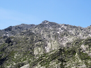 Rocky mountain peaks Poncione di Fieud (2696 m) and Fibbia (2738 m) in the massif of the Swiss Alps above the St. Gotthard Pass (Gotthardpass), Airolo - Canton of Ticino (Tessin), Switzerland (Schweiz