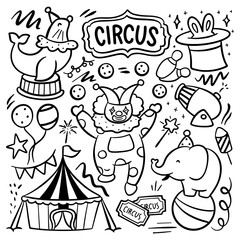 Hand Drawn Cartoon Circus Show Doodle With Circus tent, Animals and Clown