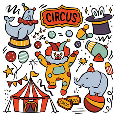 Hand Drawn Cartoon Circus Show Doodle With Circus tent, Animals and Clown
