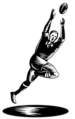 illustration of a rugby player catching the ball on isolated background done in retro woodcut style