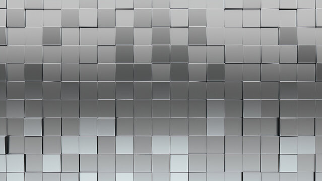 Silver, Square Mosaic Tiles arranged in the shape of a wall. 3D, Luxurious, Blocks stacked to create a Glossy block background. 3D Render