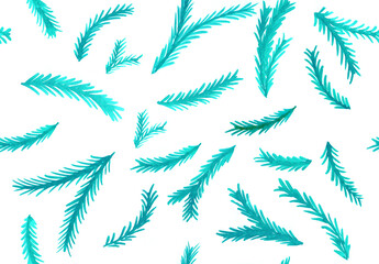 Watercolor illustration of Christmas tree branches in blue and green shades work well for backgrounds and wrapping paper on New Years and Christmas Eve