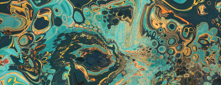 Liquid Swirls in Beautiful Turquoise and Yellow colors, with Gold Glitter. Contemporary Design Banner.