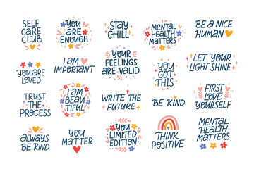 Mental health vector lettering quote set. Mindfulness phrases illustration. Self care and love isolated clipart. Positive motivational sayings for awareness day, poster, daily planner, t shirt.