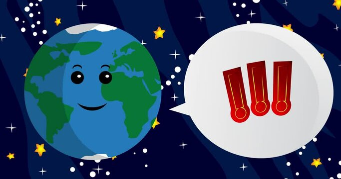 Planet Earth Saying Exclamation mark, Social media notification sign with speech bubble. Cartoon animation. Space, cosmos on the background.
