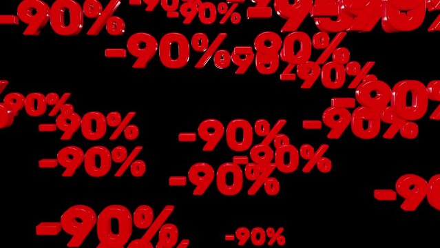 Red minus ninety percent symbols fall down isolated on black background, looped 3d render. Concept of discounts, sales, seasonal promotions, black friday, singles day and shopping 1111. percent fall.