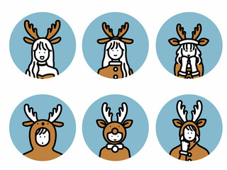 トナカイの衣装を着た人々のアイコンイラストセット