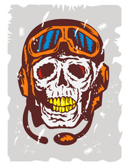 Illustration of a skull face pilot airman wearing helmet and goggles woodcut style.