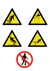 illustration of workplace signs showing warning, slippery surface,low head room area,dangerous areas on isolated white background