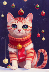 Fototapeta premium Cute Christmas cat. Christmas cat illustration. Cat wearing Santa Claus suit. Anthropomorphic cut cat with christmas spheres. Traditional xmas costume cat