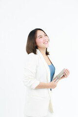 Portrait beautiful working Asian woman , business girl standing arms crossed with happiness on white background