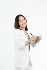 Portrait beautiful working Asian woman , business girl standing arms crossed with happiness on white background