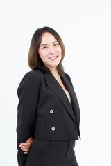 Portrait beautiful working Asian woman , business girl standing arms crossed with happiness on white background