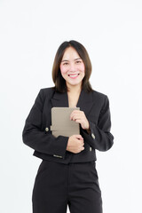 Portrait beautiful working Asian woman , business girl standing arms crossed with happiness on white background