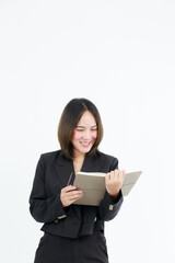 Naklejka premium Portrait beautiful working Asian woman , business girl standing arms crossed with happiness on white background