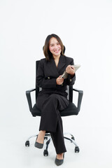 Portrait beautiful working Asian woman , business girl standing arms crossed with happiness on white background