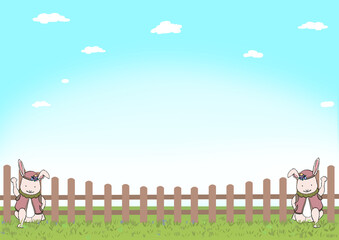 Obraz na płótnie Canvas 草原のフェンスの前にウサギが二羽いるカラーイラスト