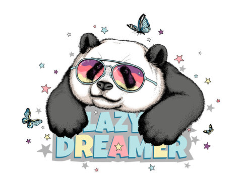 Cute big panda with buttflies and stars. Lazy dreamer illustration. Stylish image for printing on any surface