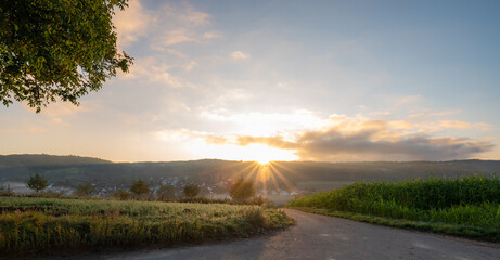 Fototapeta na wymiar Sunrise over landscape in Baden-Wuerttemberg, Germany