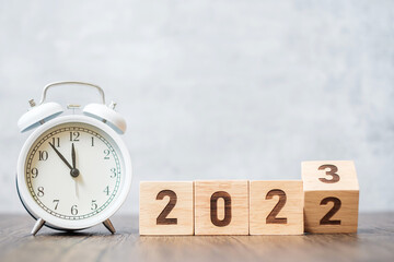 Happy New Year with vintage alarm clock and flipping 2022 change to 2023 block. Christmas, New Start, Resolution, countdown, Goals, Plan, Action and Motivation Concept