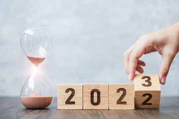 hand flip block 2022 to 2023 text with hourglass on table. Resolution, time, plan, goal,...