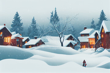 Village landscape graphic design in winter season. Poster card cover wallpaper background. The village snow field and Christmas tree .
