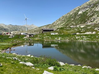 Summer atmosphere on the Lago dei Monti or Lake of the Mountains in the Swiss alpine area of the mountain St. Gotthard Pass (Gotthardpass), Airolo - Canton of Ticino (Tessin), Switzerland (Schweiz)