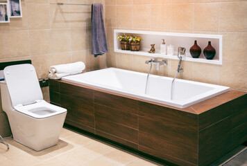 Beautiful luxury vintage empty bathtub  Freestanding white bath. bathroom is beautifully.