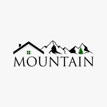 Simple and unique line mountain with roof house also tree image graphic icon logo design abstract concept vector stock. Can be used as symbol related to adventure or home